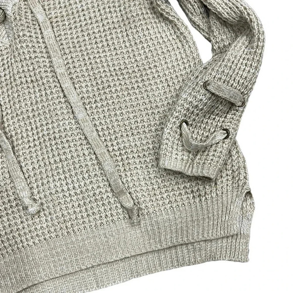 It’s Our Time Oatmeal Waffle Knit Lace Up Sweater L - Picture 2 of 3